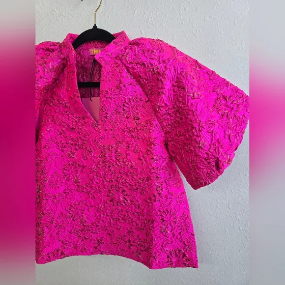 THML Pink Jacquard Allison Top Size XS NWOT Puff Sleeves - Picture 5 of 10